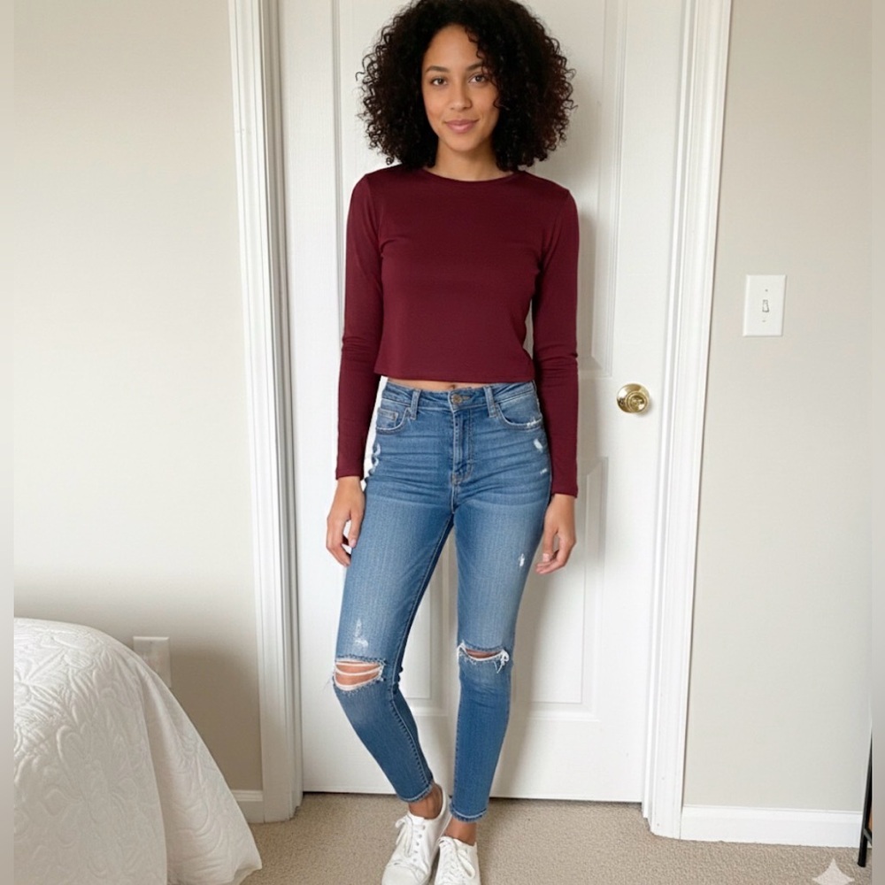 Crop top long sleeve shirt burgundy
